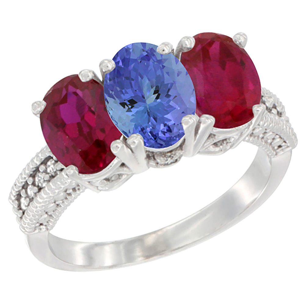 10K White Gold Diamond Natural Tanzanite & Enhanced Ruby Ring 3-Stone 7x5 mm Oval, sizes 5 - 10