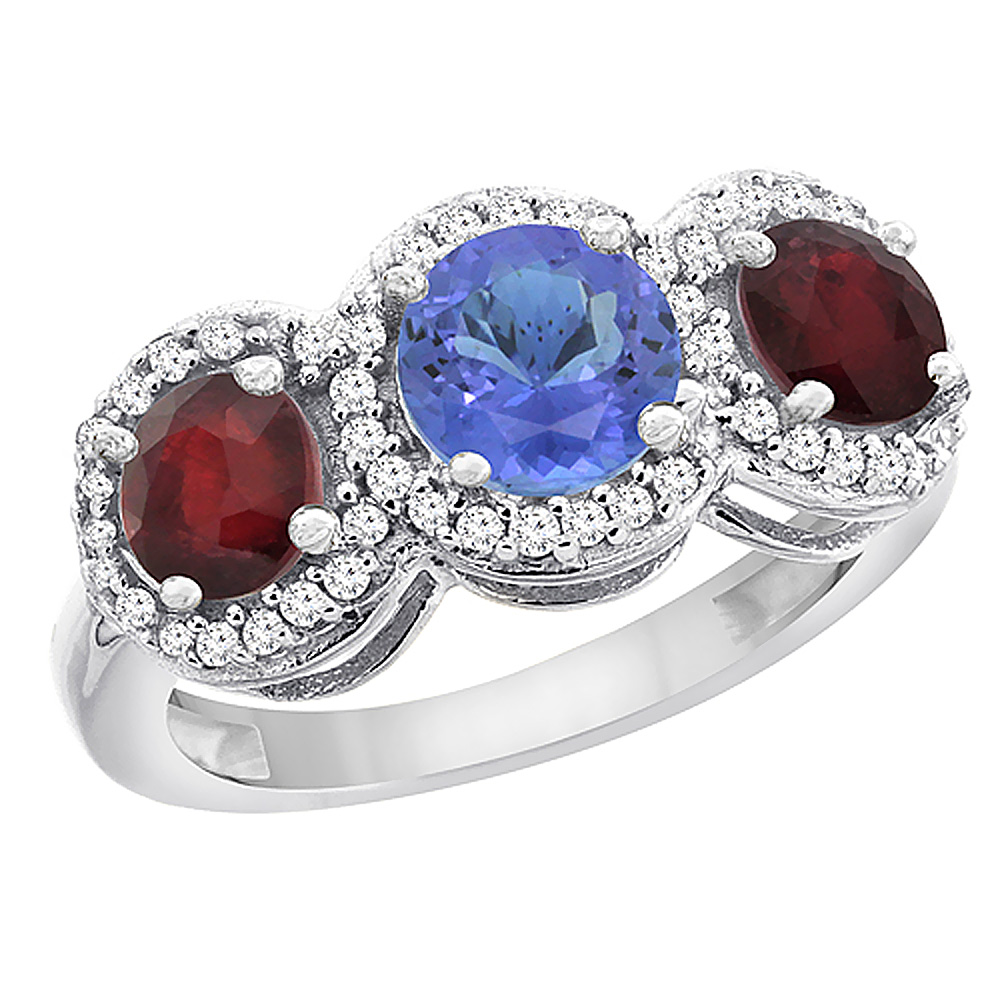 14K White Gold Natural Tanzanite &amp; Enhanced Ruby Sides Round 3-stone Ring Diamond Accents, sizes 5 - 10