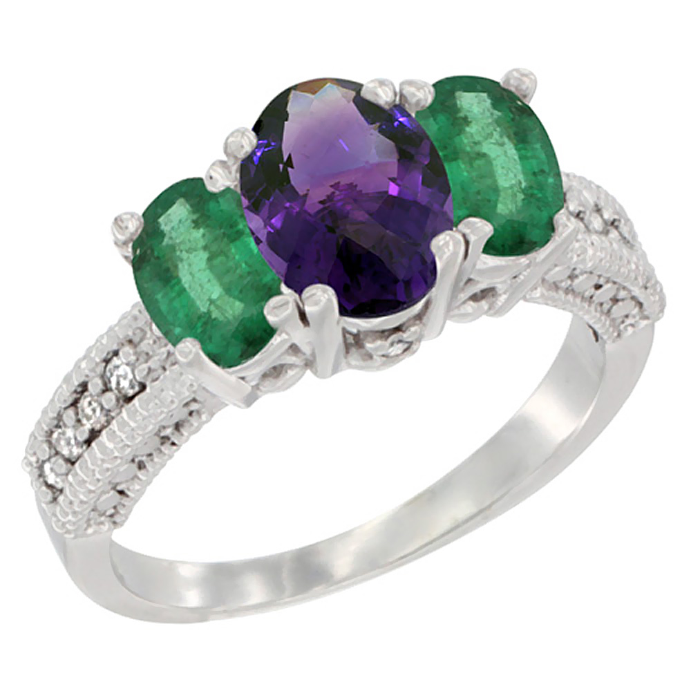 14K White Gold Diamond Natural Amethyst 7x5mm &amp; 6x4mm Quality Emerald Oval 3-stone Mothers Ring,sz5-10