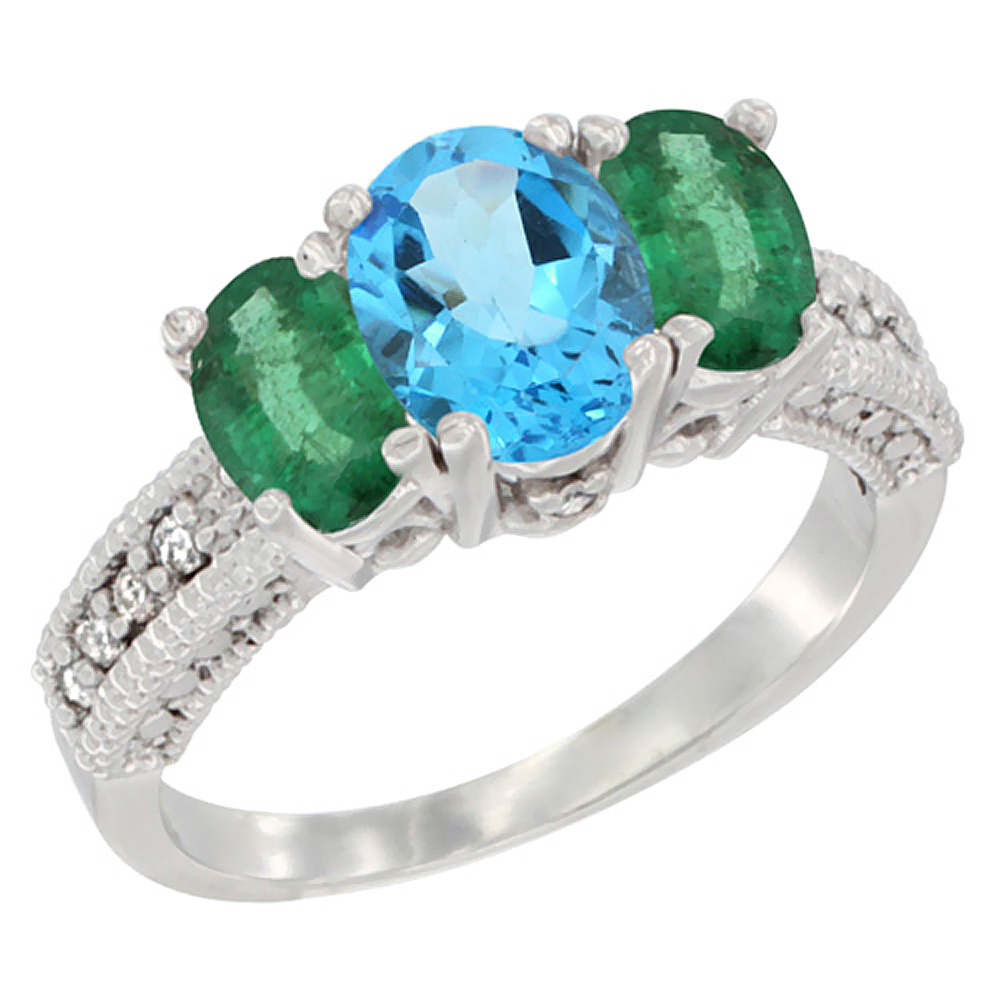 14K White Gold Diamond Natural Swiss Blue Topaz Ring Oval 3-stone with Emerald, sizes 5 - 10