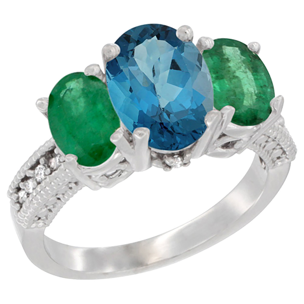 14K White Gold Diamond Natural London Blue Topaz Ring 3-Stone Oval 8x6mm with Emerald, sizes5-10