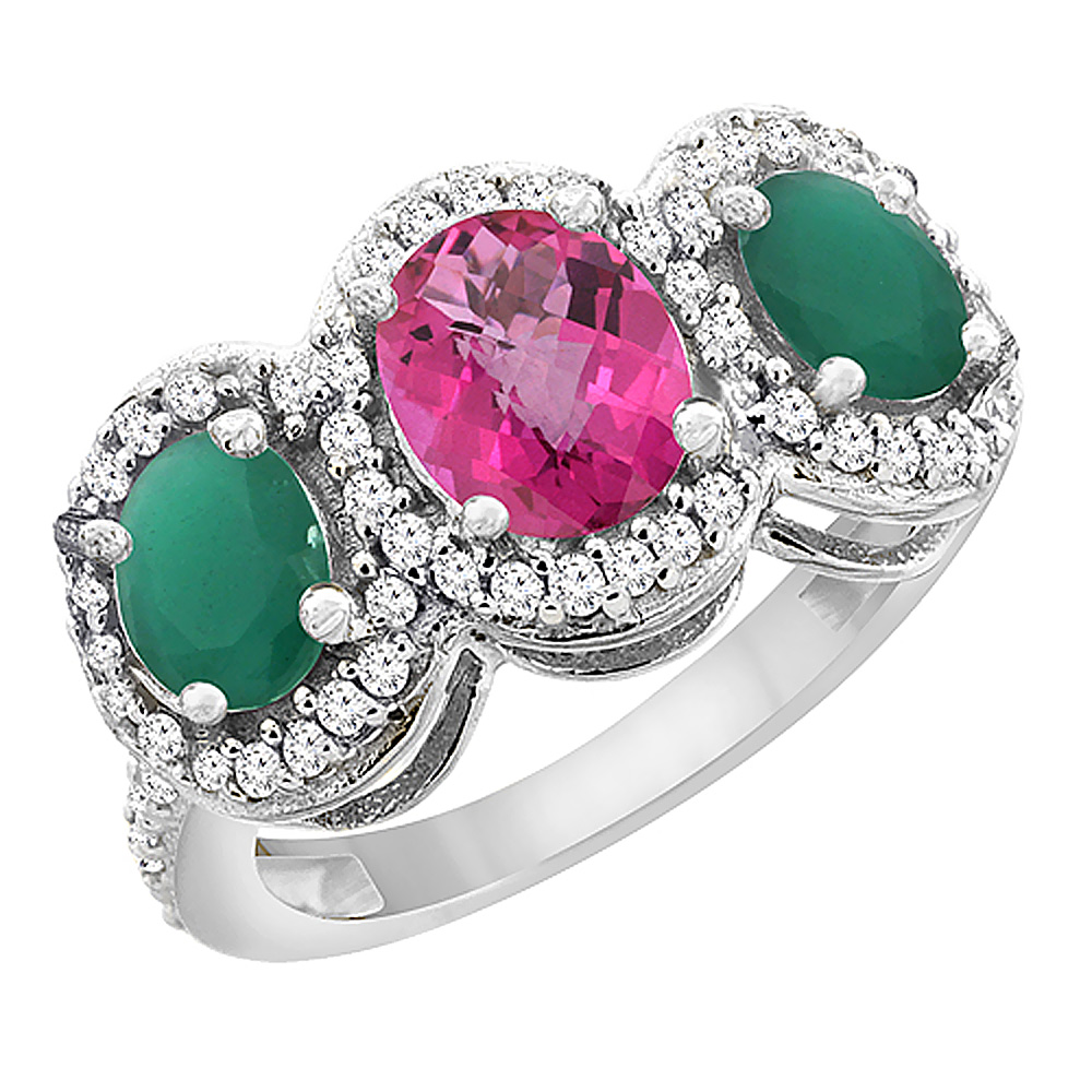 10K White Gold Natural Pink Topaz & Cabochon Emerald 3-Stone Ring Oval Diamond Accent, sizes 5 - 10