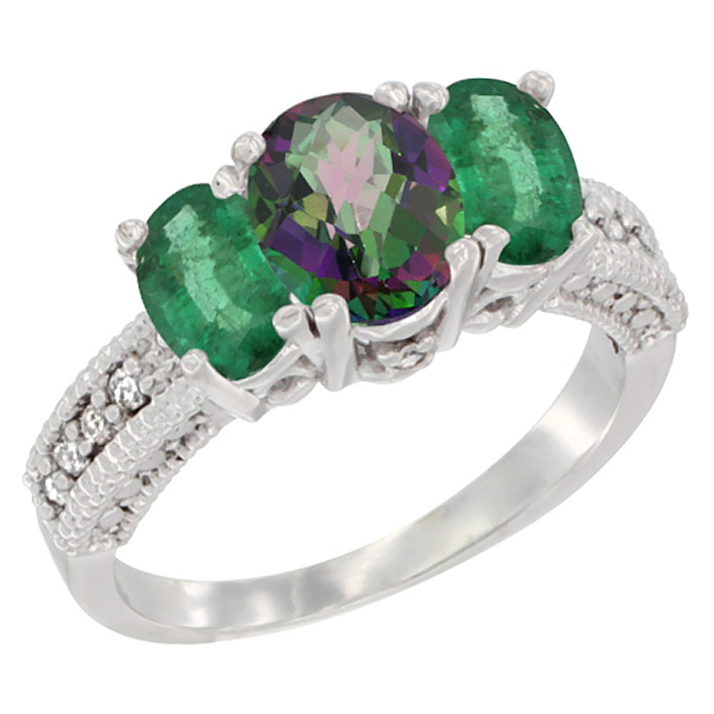 14K White Gold Diamond Natural Mystic Topaz 7x5mm &6x4mm Quality Emerald Oval 3-stone Mothers Ring,sz5-10