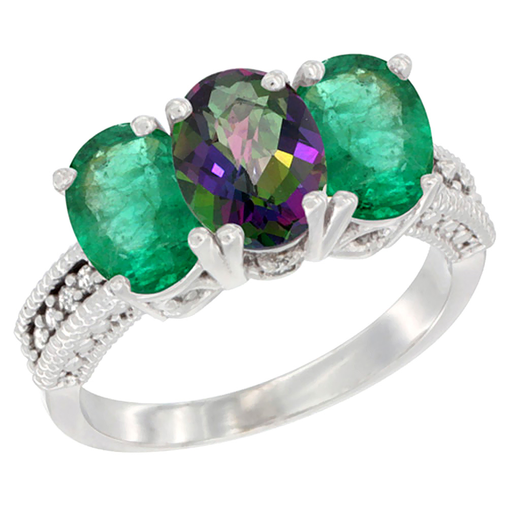 10K White Gold Diamond Natural Mystic Topaz & Emerald Ring 3-Stone 7x5 mm Oval, sizes 5 - 10