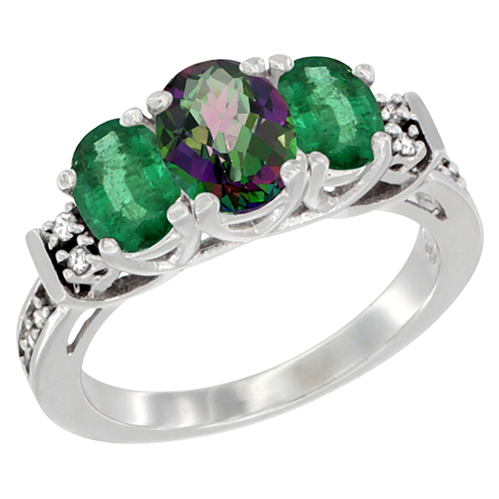 14K White Gold Natural Mystic Topaz & Emerald Ring 3-Stone Oval Diamond Accent, sizes 5-10