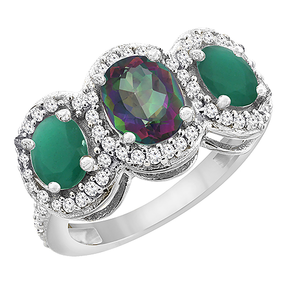 10K White Gold Natural Mystic Topaz &amp; Cabochon Emerald 3-Stone Ring Oval Diamond Accent, sizes 5 - 10