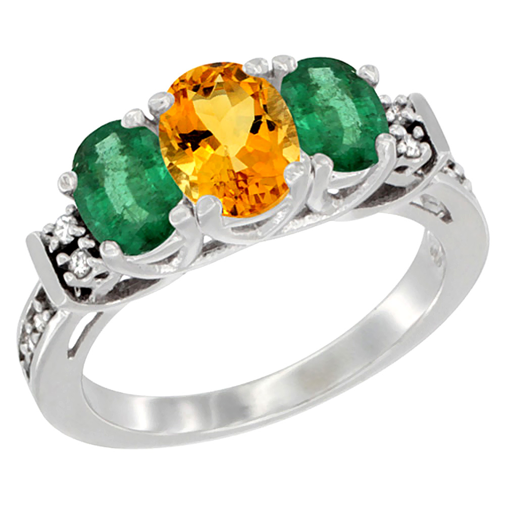 14K White Gold Natural Citrine & Emerald Ring 3-Stone Oval Diamond Accent, sizes 5-10