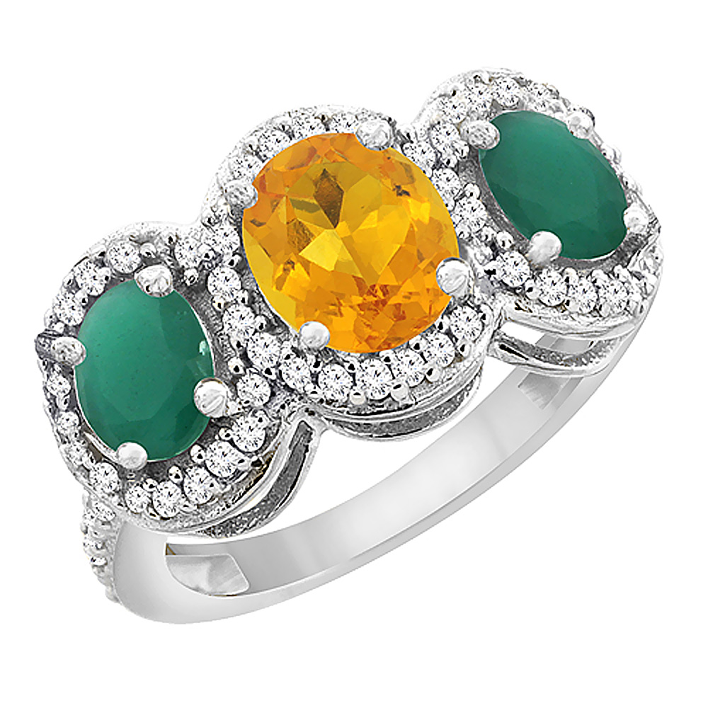 14K White Gold Natural Citrine &amp; Cabochon Emerald 3-Stone Ring Oval Diamond Accent, sizes 5 - 10