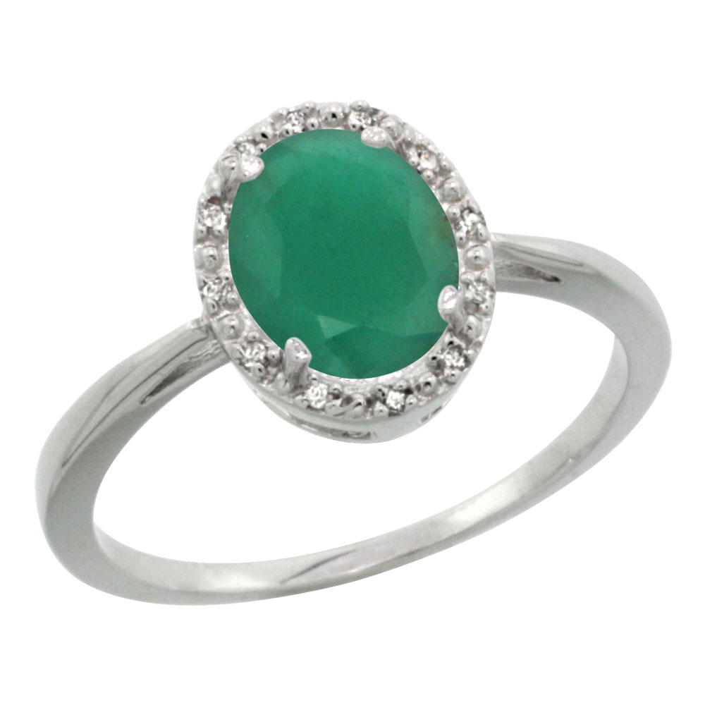 10K White Gold Diamond Halo Natural Quality Emerald Engagement Ring Oval 8X6mm, size 5-10
