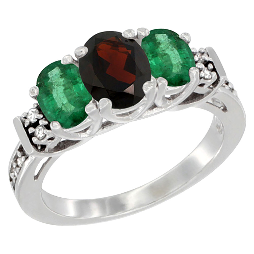 14K White Gold Natural Garnet & Emerald Ring 3-Stone Oval Diamond Accent, sizes 5-10