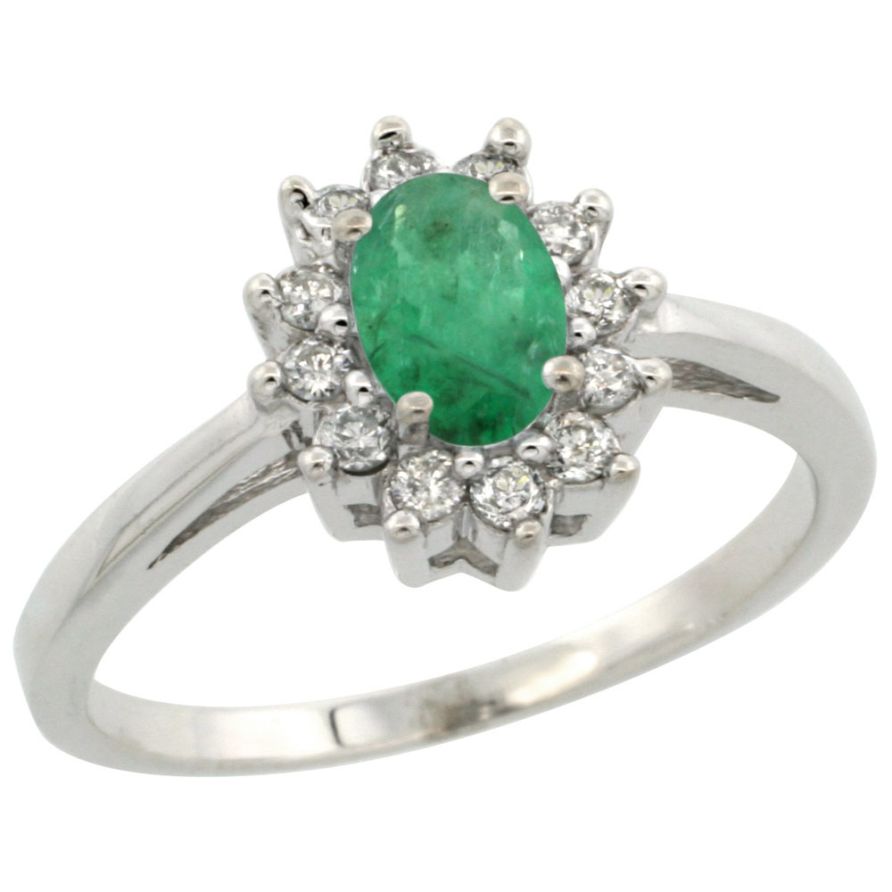 10K White Gold Natural Emerald Flower Diamond Halo Ring Oval 6x4 mm, sizes 5 10