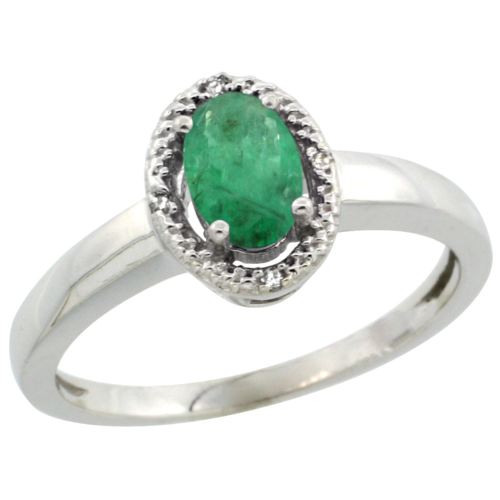 10K White Gold Diamond Halo Natural Emerald Engagement Ring Oval 6X4 mm, sizes 5-10