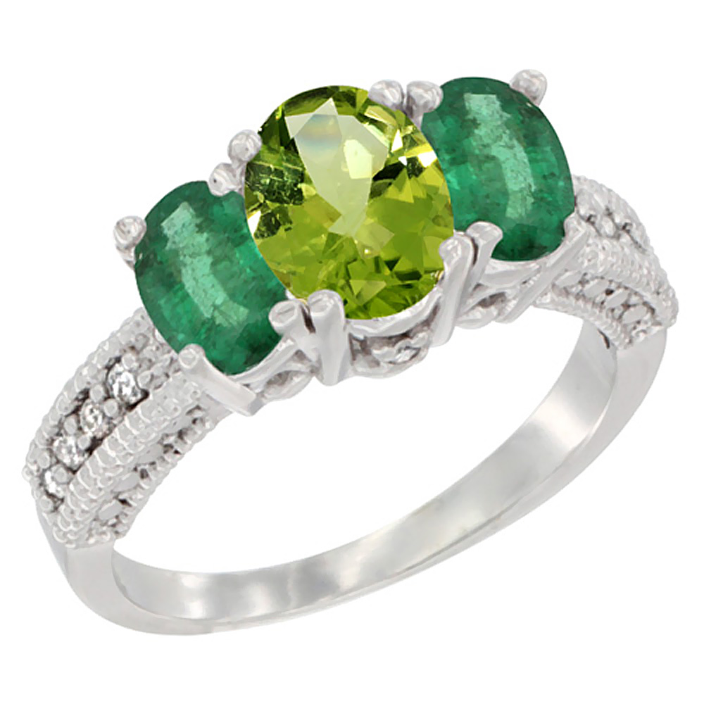 14K White Gold Diamond Natural Peridot Ring Oval 3-stone with Emerald, sizes 5 - 10