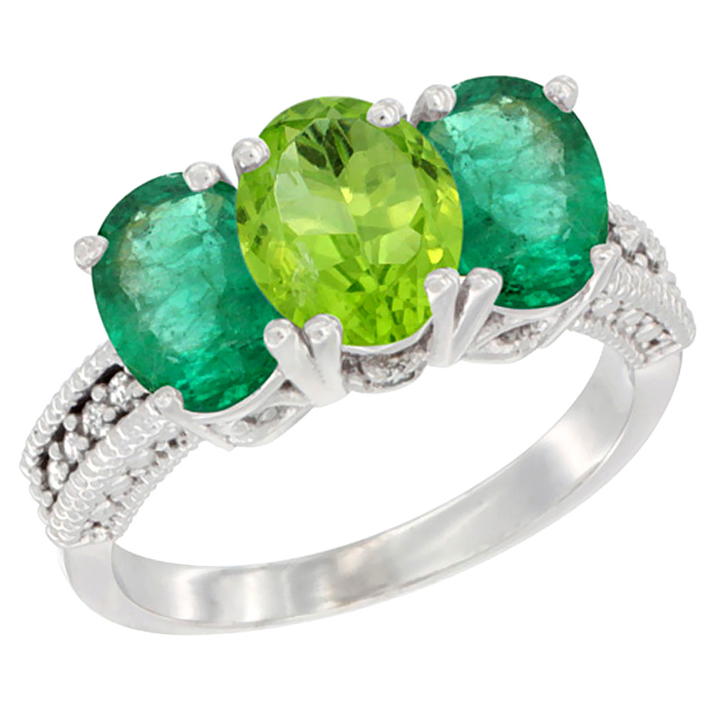 14K White Gold Natural Peridot & Emerald Sides Ring 3-Stone 7x5 mm Oval Diamond Accent, sizes 5 - 10