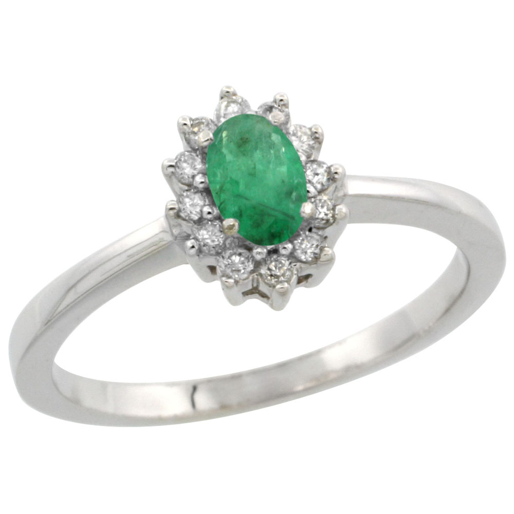 10k White Gold Natural Emerald Ring Oval 5x3mm Diamond Halo, sizes 5-10