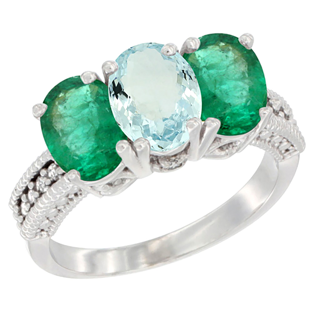 14K White Gold Natural Aquamarine & Emerald Sides Ring 3-Stone 7x5 mm Oval Diamond Accent, sizes 5 - 10