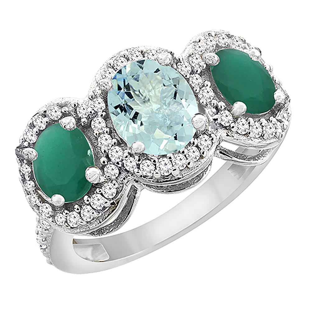 14K White Gold Natural Aquamarine &amp; Cabochon Emerald 3-Stone Ring Oval Diamond Accent, sizes 5 - 10