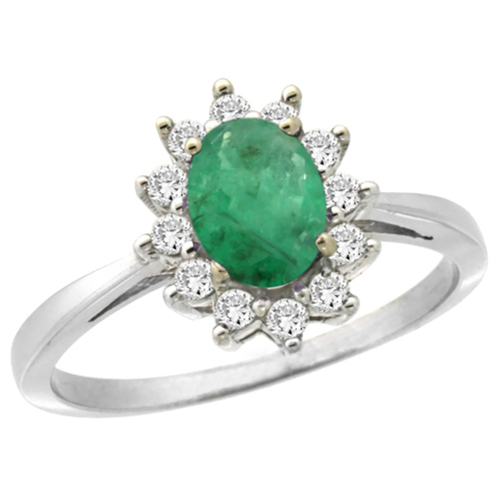 14K White Gold Natural Emerald Engagement Ring Oval 7x5mm Diamond Halo, sizes 5-10