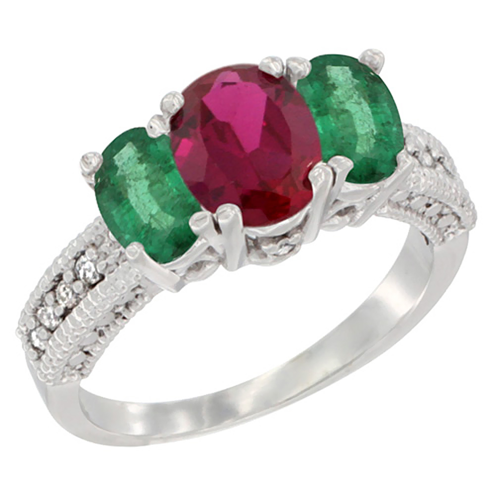 14K White Gold Diamond Quality Ruby 7x5mm &amp; 6x4mm Quality Emerald Oval 3-stone Mothers Ring,size 5 - 10