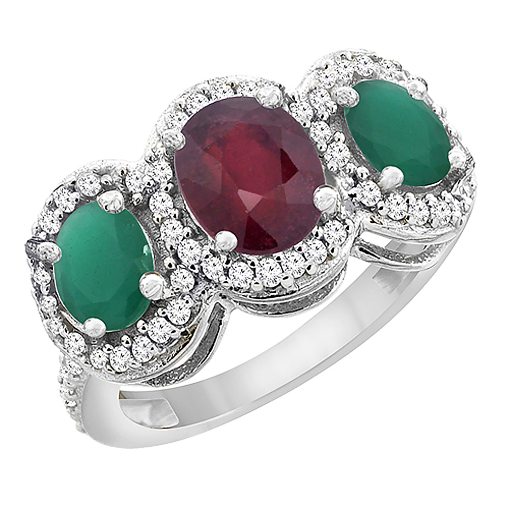 14K White Gold Enhanced Ruby &amp; Cabochon Emerald 3-Stone Ring Oval Diamond Accent, sizes 5 - 10
