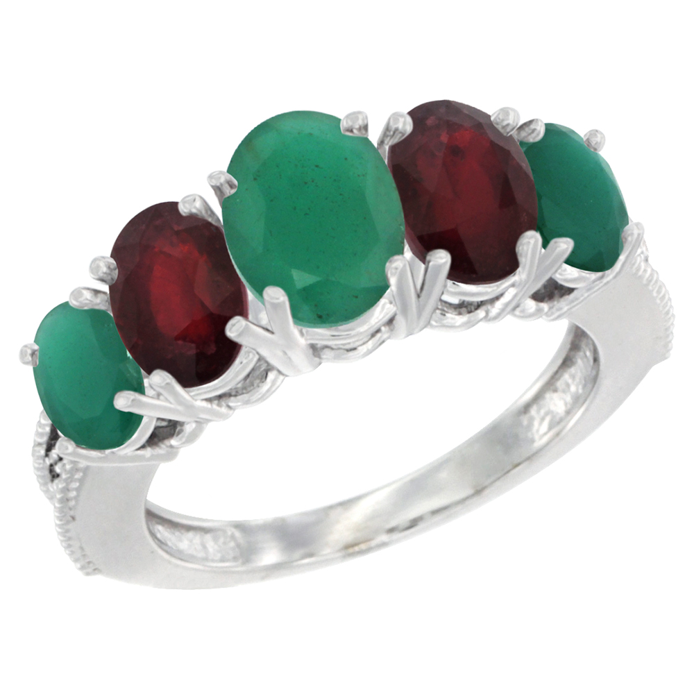 14K White Gold Diamond Natural Emerald,Enhanced Genuine Ruby Ring 5-stone Oval 8x6 Ctr,7x5,6x4 sides, szs5-10