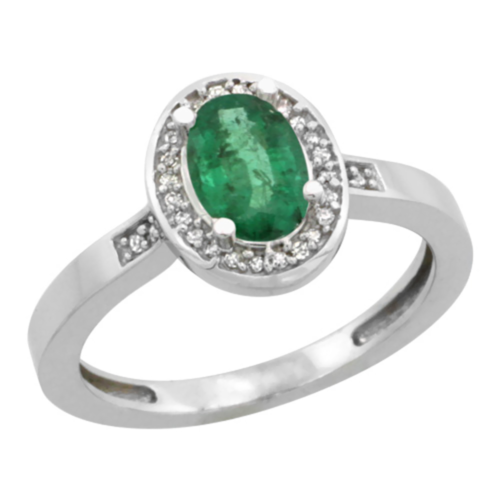 14K White Gold Diamond Natural Quality Emerald Engagement Ring Oval 7x5mm, size 5-10