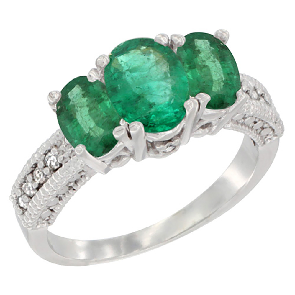 10K White Gold Diamond Natural Quality Emerald 7x5mm &amp; 6x4mm Oval 3-stone Mothers Ring,size 5 - 10