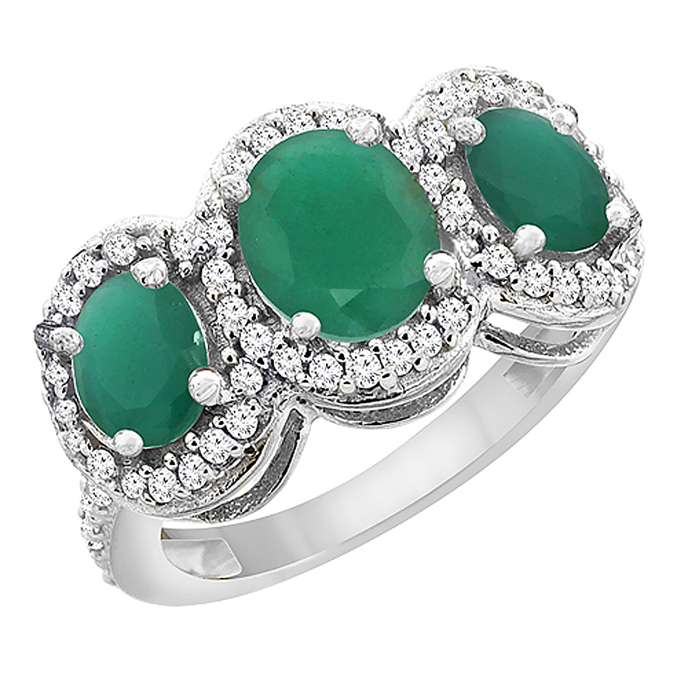 10K White Gold Natural Cabochon Emerald 3-Stone Ring Oval Diamond Accent, sizes 5 - 10