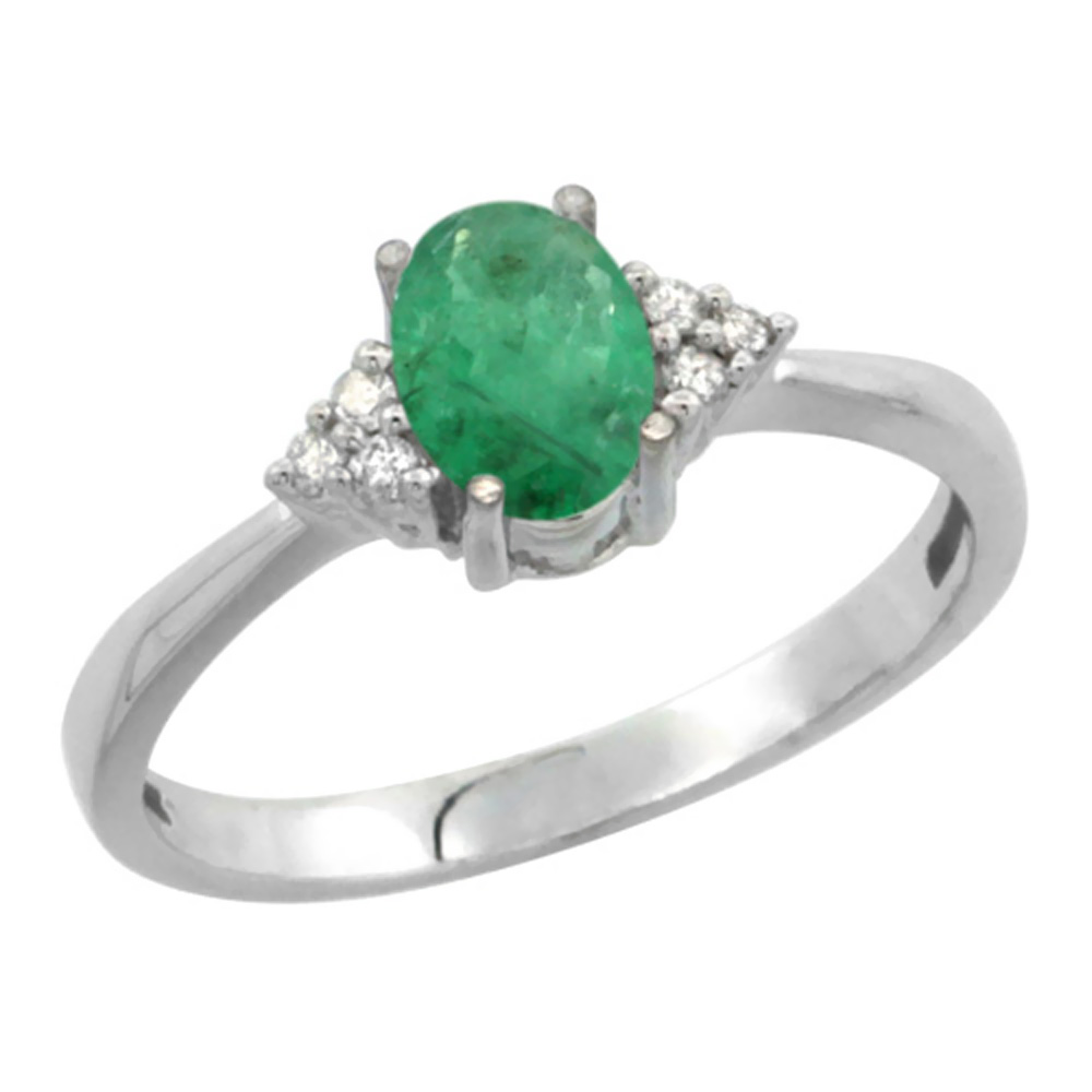 14K White Gold Diamond Natural Emerald Engagement Ring Oval 7x5mm, sizes 5-10