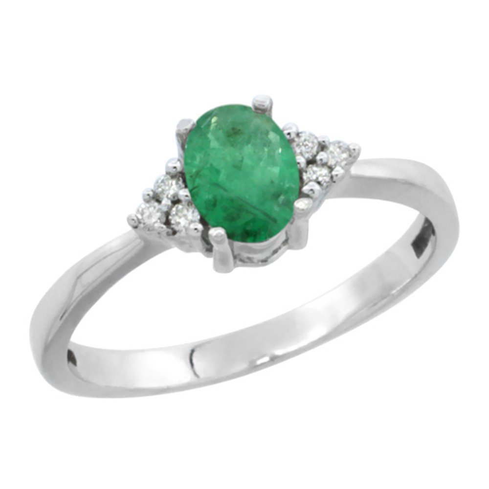 14K White Gold Natural Emerald Ring Oval 6x4mm Diamond Accent, sizes 5-10