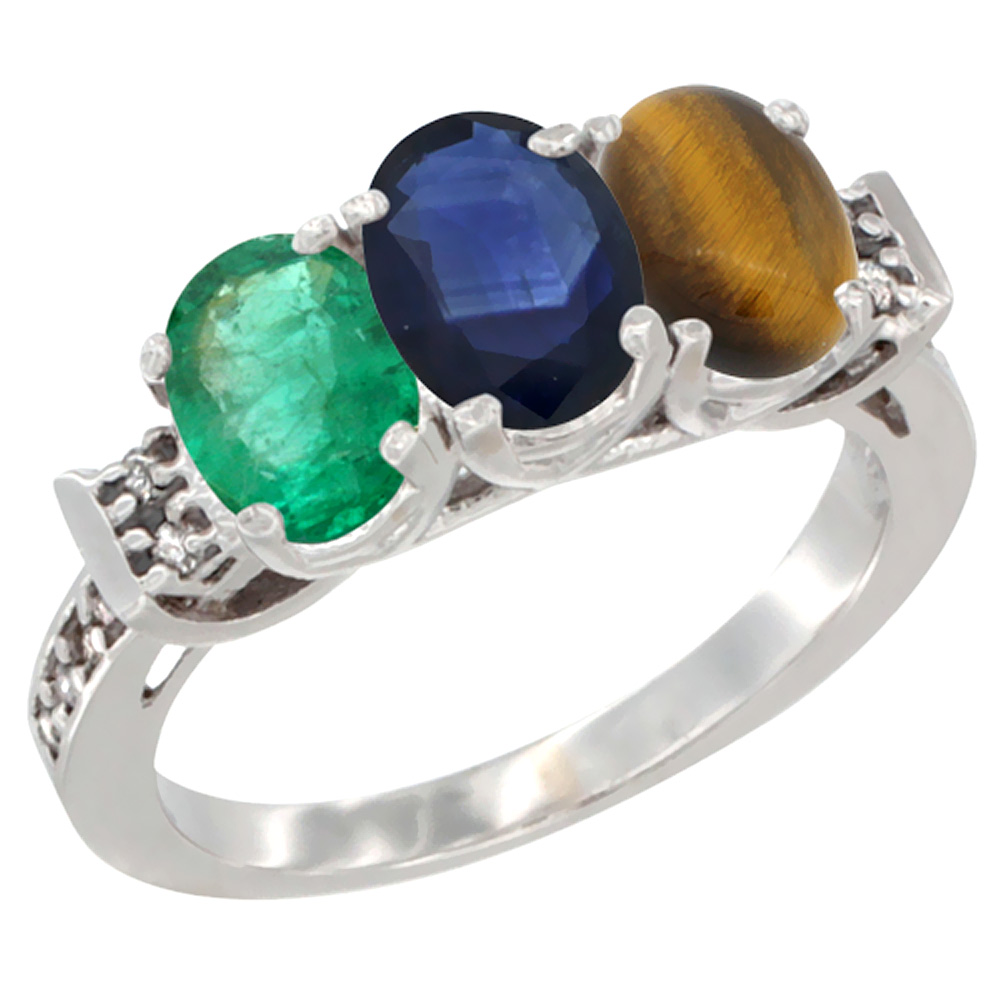 10K White Gold Natural Emerald, Blue Sapphire & Tiger Eye Ring 3-Stone Oval 7x5 mm Diamond Accent, sizes 5 - 10
