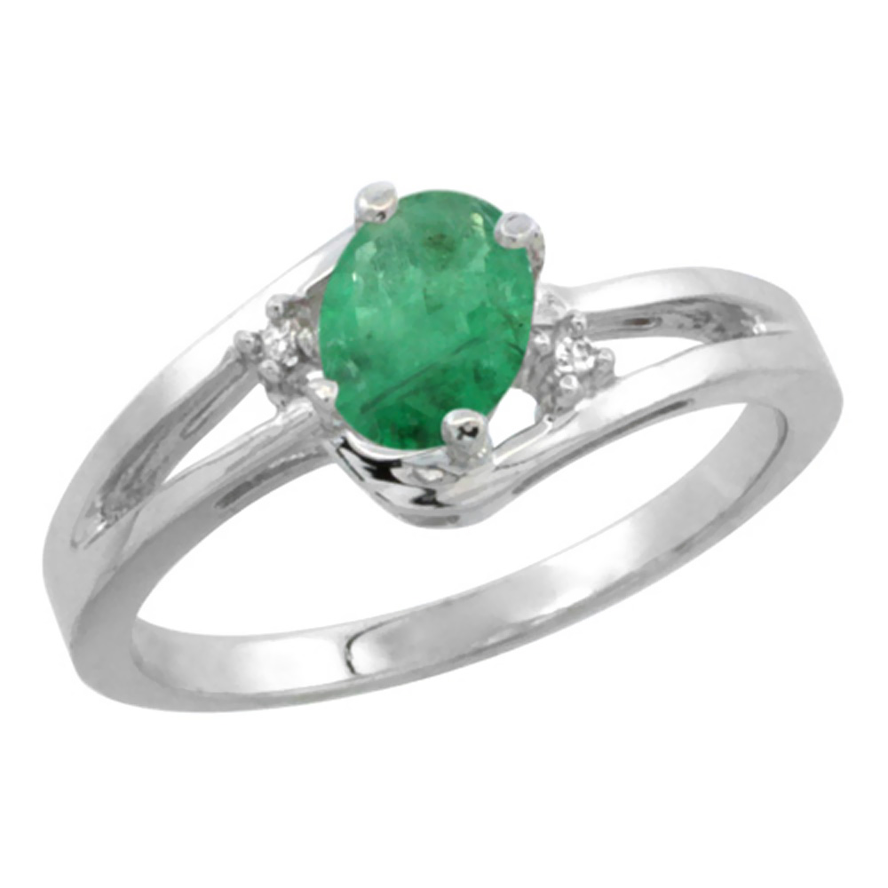 14K White Gold Diamond Natural Emerald Ring Oval 6x4 mm, sizes 5-10