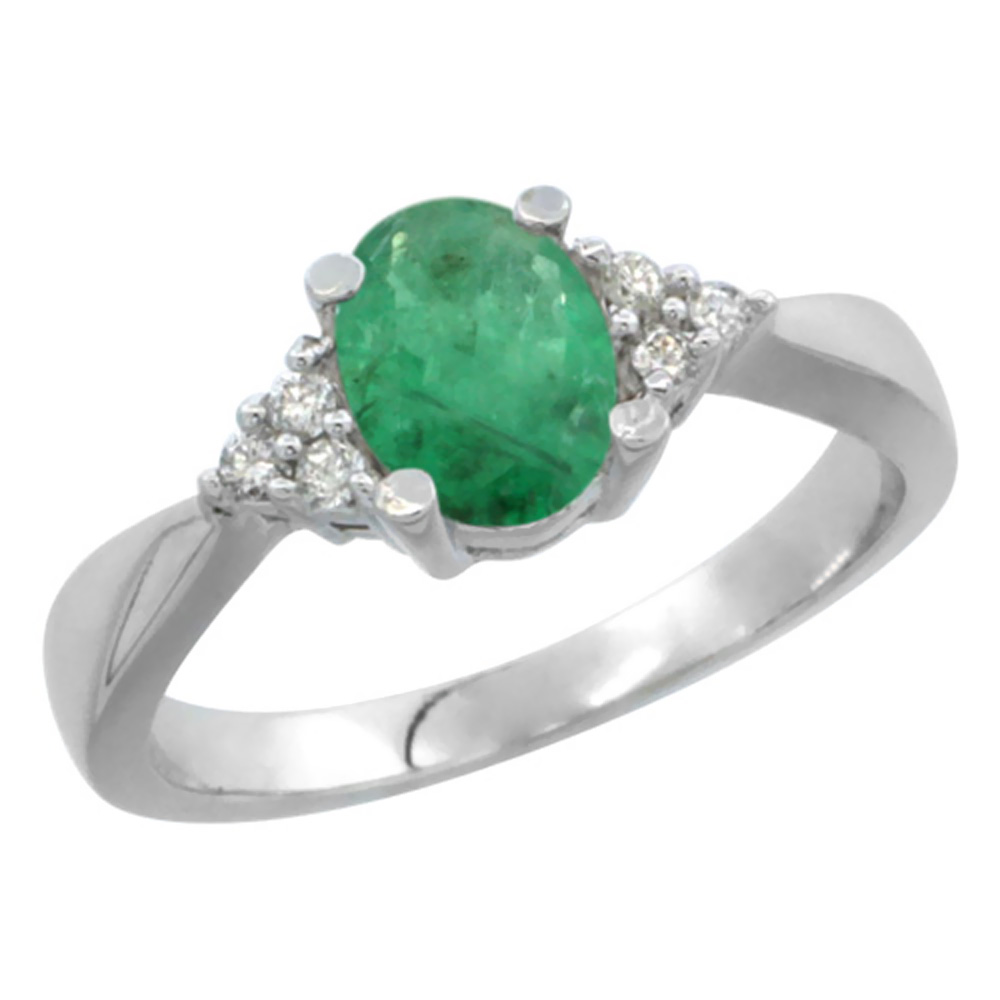 10K White Gold Diamond Natural Emerald Engagement Ring Oval 7x5mm, sizes 5-10