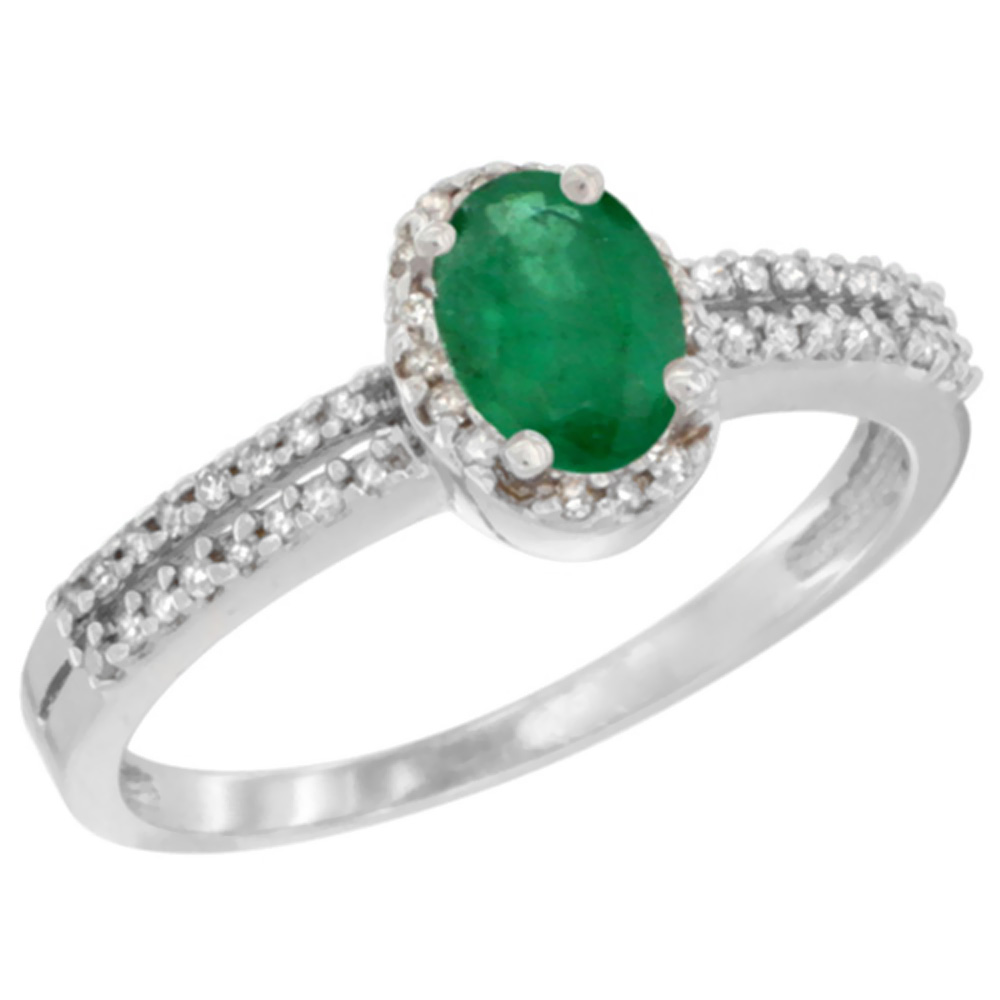 14K White Gold Natural Cabochon Emerald Ring Oval 6x4mm Diamond Accent, sizes 5-10