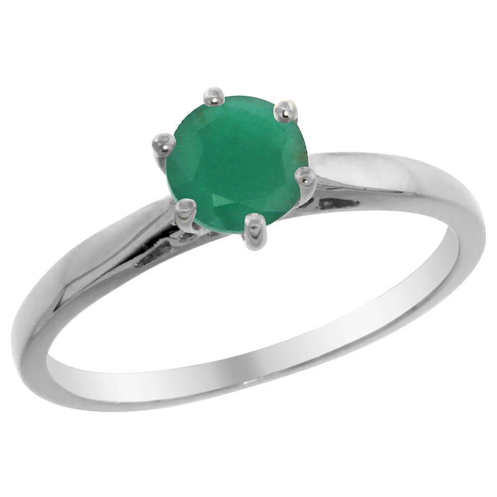 14K White Gold Natural Emerald Solitaire Ring Round 5mm, sizes 5 - 10