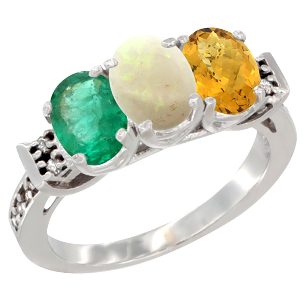 10K White Gold Natural Emerald, Opal &amp; Whisky Quartz Ring 3-Stone Oval 7x5 mm Diamond Accent, sizes 5 - 10