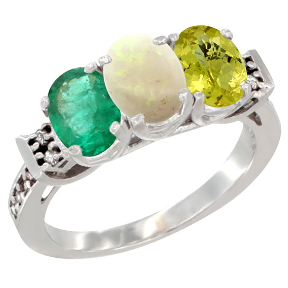 10K White Gold Natural Emerald, Opal &amp; Lemon Quartz Ring 3-Stone Oval 7x5 mm Diamond Accent, sizes 5 - 10