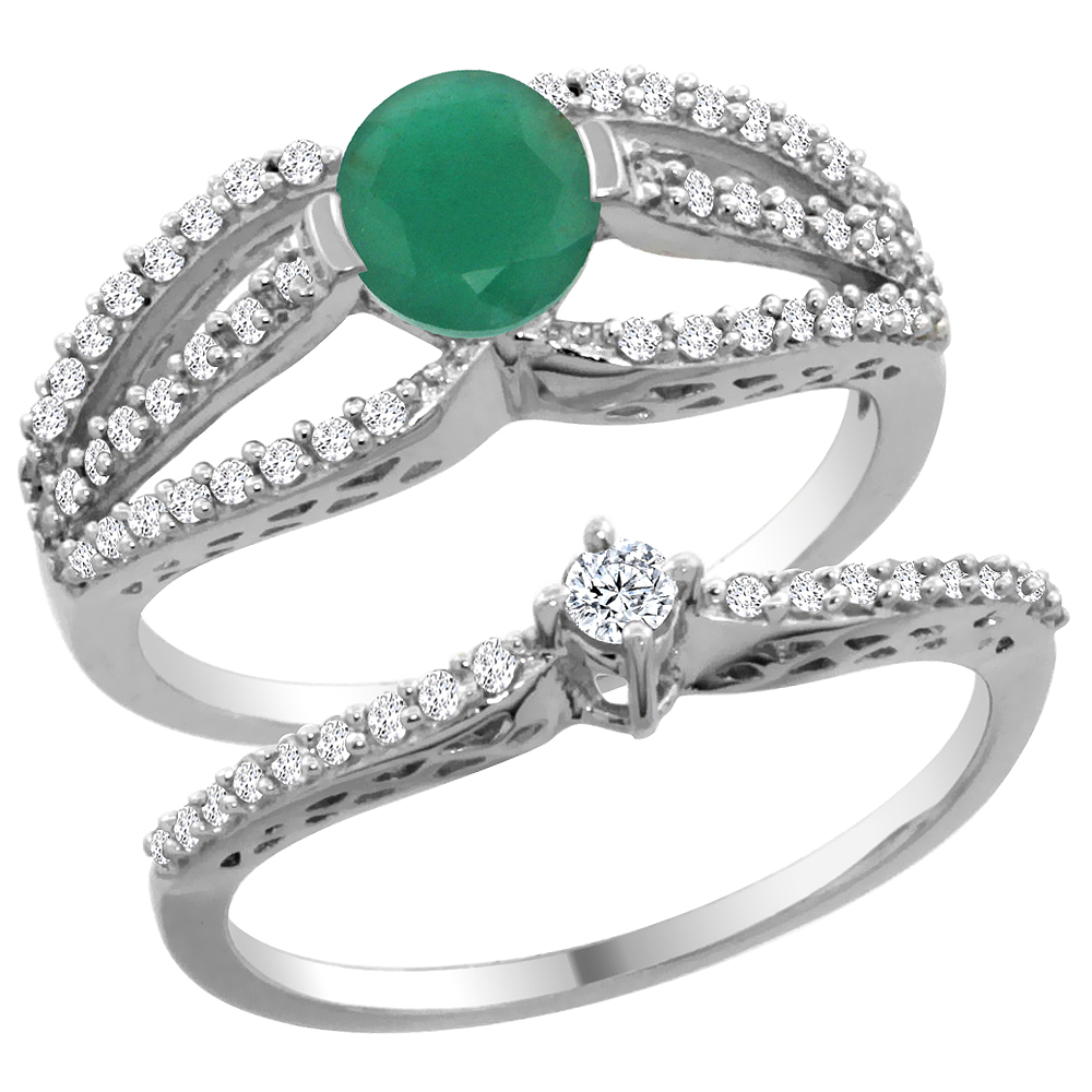 14K White Gold Natural Emerald 2-piece Engagement Ring Set Round 5mm, sizes 5 - 10