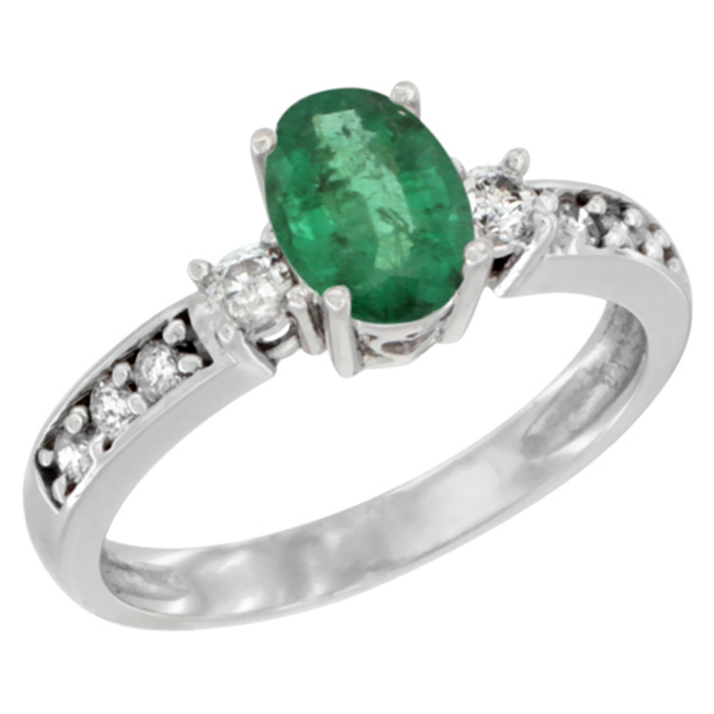 10k White Gold Natural Emerald Ring Oval 7x5 mm Diamond Accent, sizes 5 - 10