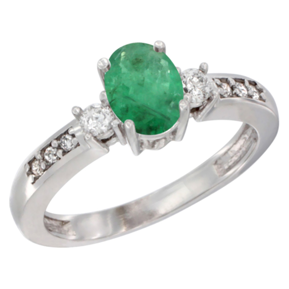10K White Gold Diamond Natural Emerald Engagement Ring Oval 7x5 mm, sizes 5 - 10