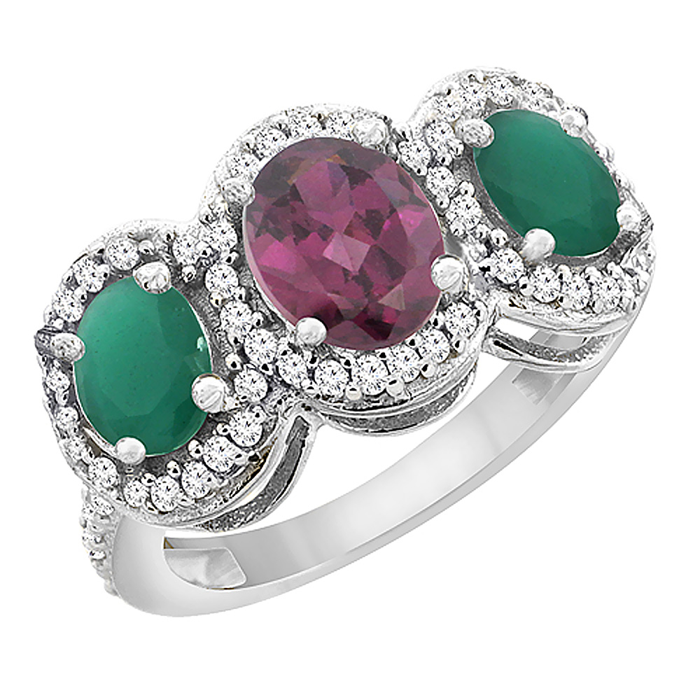 14K White Gold Natural Rhodolite & Emerald 3-Stone Ring Oval Diamond Accent, sizes 5 - 10