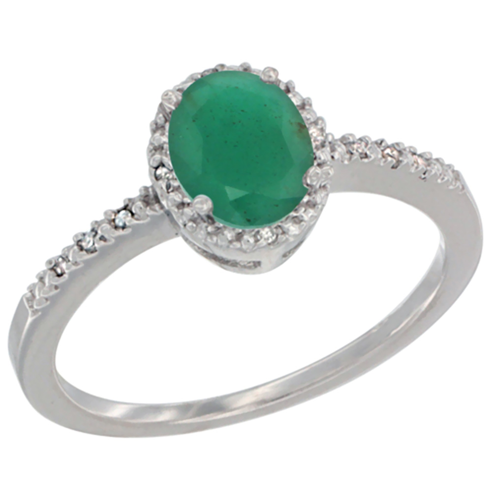 14K White Gold Diamond Natural Emerald Engagement Ring Oval 7x5 mm, sizes 5 - 10
