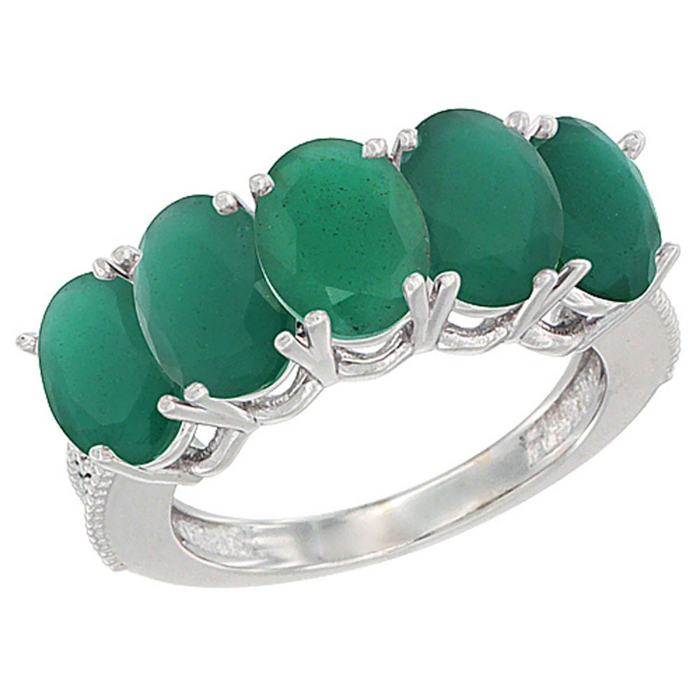 10K White Gold Natural Emerald 1 ct. Oval 7x5mm 5-Stone Mother&#039;s Ring with Diamond Accents, sizes 5 to 10 with half sizes