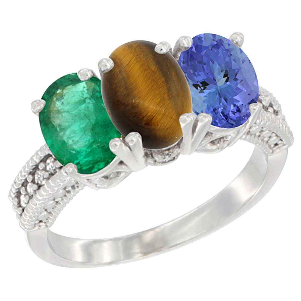 10K White Gold Diamond Natural Emerald, Tiger Eye & Tanzanite Ring 3-Stone 7x5 mm Oval, sizes 5 - 10