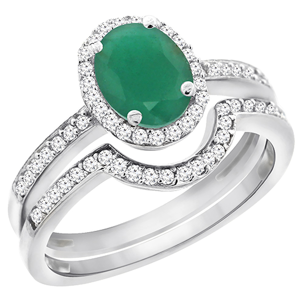 10K White Gold Diamond Natural Emerald 2-Pc. Engagement Ring Set Oval 8x6 mm, sizes 5 - 10