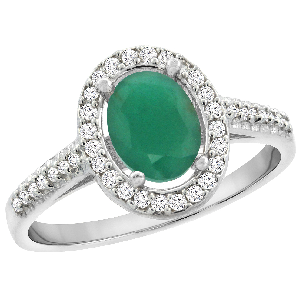 14K White Gold Natural Emerald Engagement Ring Oval 7x5 mm Diamond Halo, sizes 5 - 10