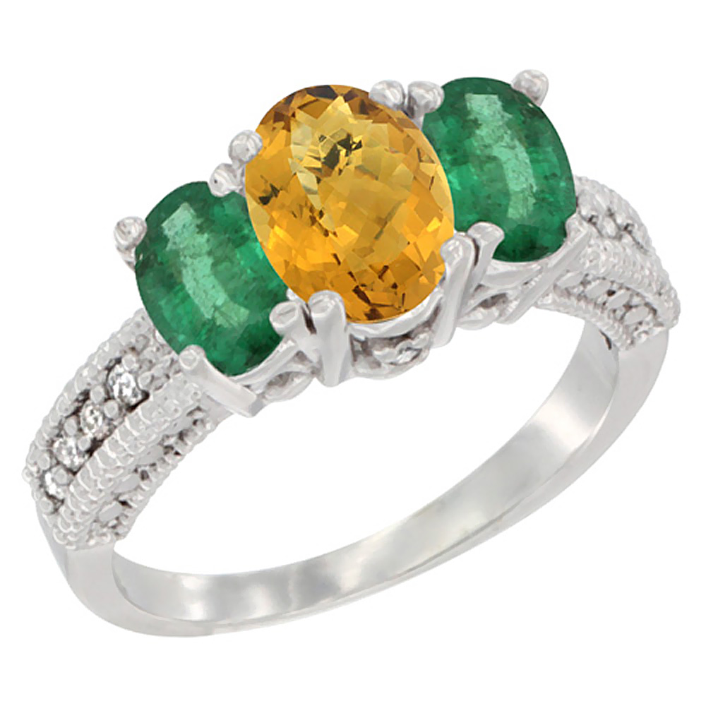 10K White Gold Diamond Natural Whisky Quartz Ring Oval 3-stone with Emerald, sizes 5 - 10