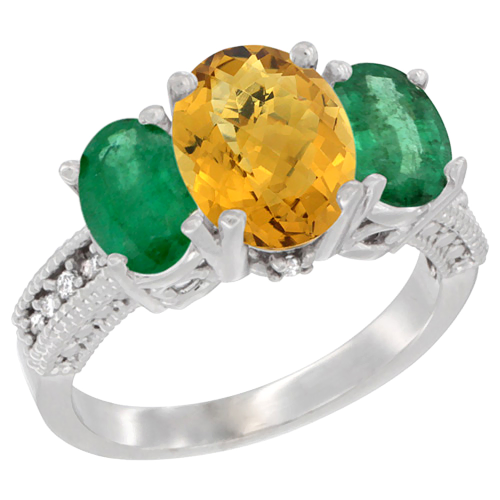 14K White Gold Diamond Natural Whisky Quartz Ring 3-Stone Oval 8x6mm with Emerald, sizes5-10