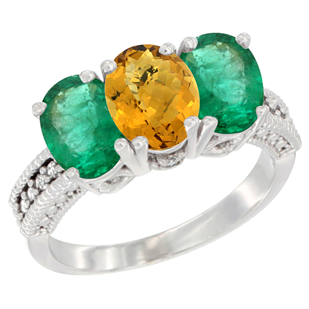 14K White Gold Natural Whisky Quartz & Emerald Sides Ring 3-Stone 7x5 mm Oval Diamond Accent, sizes 5 - 10