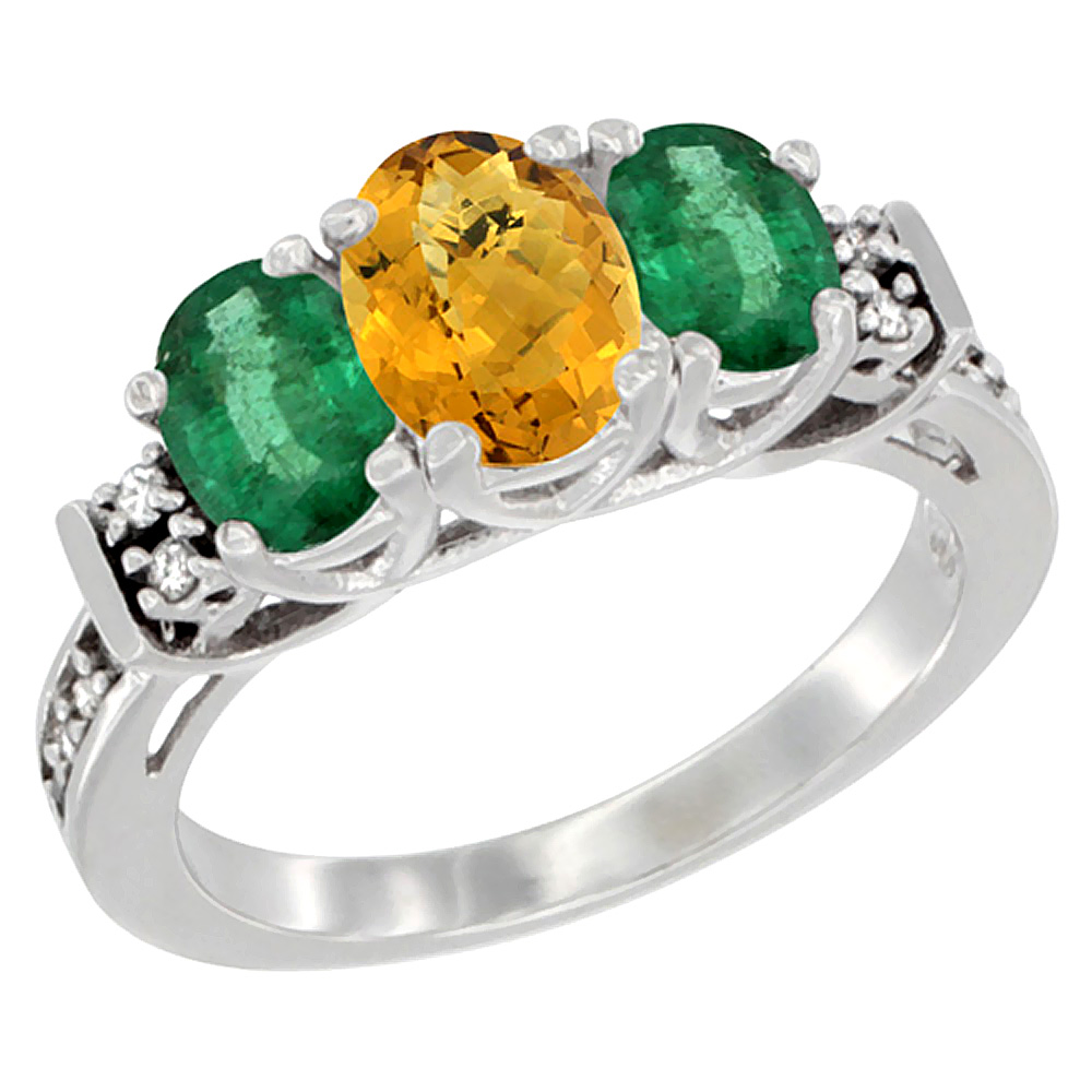 10K White Gold Natural Whisky Quartz & Emerald Ring 3-Stone Oval Diamond Accent, sizes 5-10